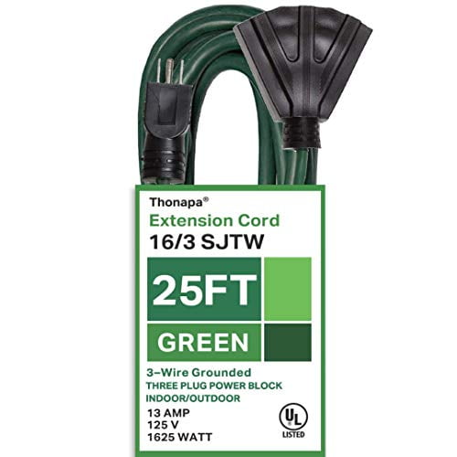 25 Ft Extension Cord with 3 Outlets UL Listed 16/3 SJTW 3-Wire Grounded Green 25 Ft Extension Cord with 3 Outlets UL Listed 16/3 SJTW 3-Wire Grounded Green